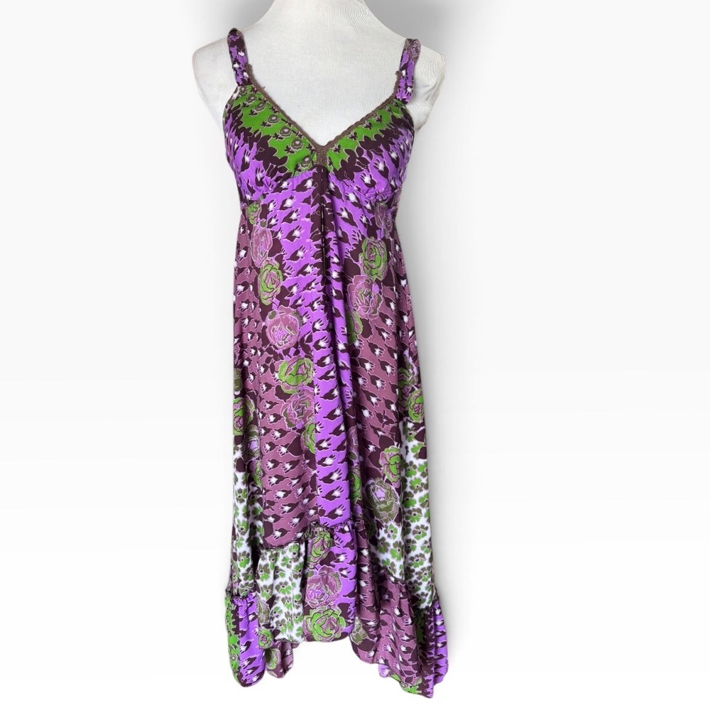 Urban Nomad Dress Womens S/M Purple Green Floral Ruffle High Low Boho Maxi India